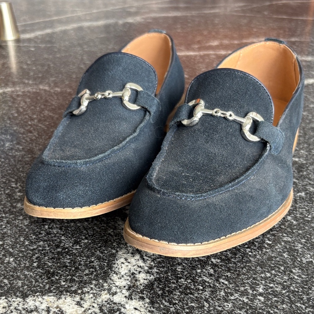 Navy Suede Loafers with Silver Accent